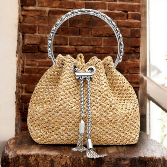 NKULTD Handbags - 🆕️Boho Chic Straw Bucket Bag 👜✨ | Rhinestone Handle Chain Strap Trendy Stylish